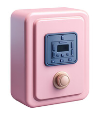 A pink box with a blue button on it