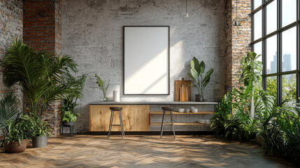 Wall Mural - Empty frame mockup in a modern kitchen with plants.