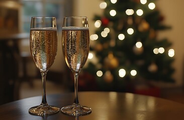 Two champagne glasses on top of a table, a Christmas tree in the background, and black and gold decorations