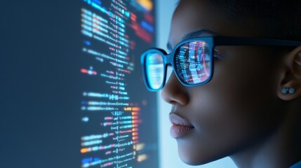 A woman in glasses intently looks at a screen filled with code, highlighting the dedication and focus required in the world of programming.