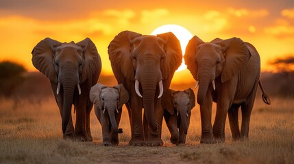 A family of elephants stands together against a beautiful sunset, showcasing the beauty of wildlife and nature.