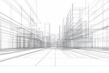 Abstract architectural sketch of a city street with buildings on both sides, drawn with thin black lines on a white background.