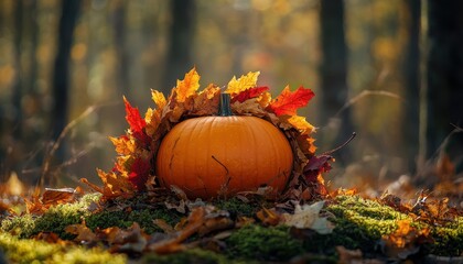 Sticker - Autumn Pumpkin in Vibrant Forest Setting