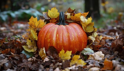 Wall Mural - Autumn Glory: A Pumpkin Amidst the Fallen Leaves