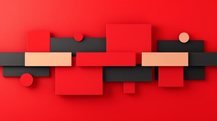 Abstract geometric composition with red and black shapes on a vibrant red background, showcasing modern minimalistic design.