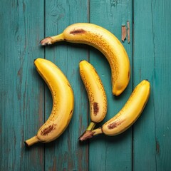 Ripe bananas, distressed turquoise wood background, rustic texture, chipped paint, vibrant yellow fruit, organic spotting, food photography, high contrast, macro detail, weathered surface, natural lig