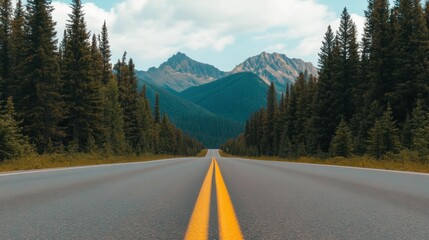 A wide-angle view of a forest road with distant mountain peaks, framed by tall trees and a clear sky with scattered clouds.