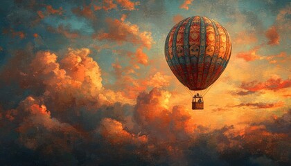 Majestic hot air balloon at sunset amidst vibrant clouds