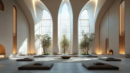 Wall Mural - Modern Minimalist Interior with Three Large Windows and Floor Cushions