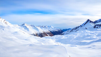 Wall Mural - A vast view of snowy mountains in a valley, presenting pure nature.