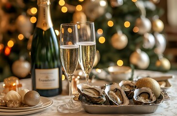 a champagne bottle and two glasses on the table, accompanied by oysters, chicken wings, and egg rolls; festive decorations in the background