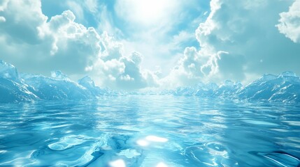 Abstract icy blue wallpaper with a shimmering pool of water and a bright sky, symbolizing peace, tranquility, reflection, serenity, and hope.