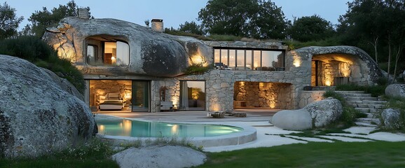 Modern stone house with a swimming pool and a large rock formation.