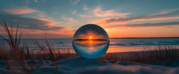 Wall Mural - Crystal ball reflecting a sunset over the ocean.