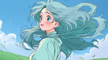 Manga-style illustration of a beautiful girl with long green hair and bangs, wearing a light blue cloak, with the wind blowing her delicate white hair back in a grassy field under a clear sky.