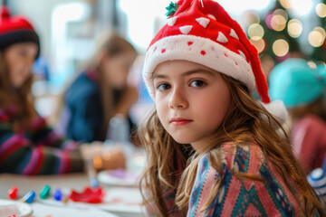 Poster - A young girl wearing a festive Christmas bonnet on Christmas Eve, smiling against a winter backdrop.