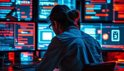 Wall Mural - Dynamic programmer immersed in complex algorithms, illuminated by vibrant red and blue lights, surrounded by digital envelops and tech-inspired icons