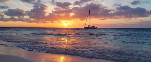 Wall Mural - A sailboat anchored in calm waters at sunset with a sandy beach in the foreground.