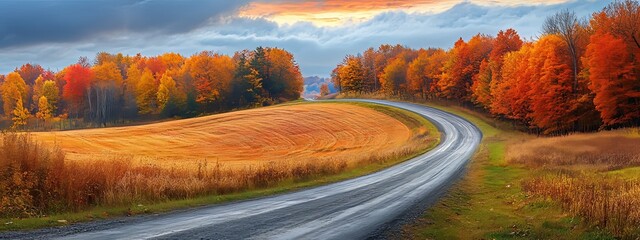 Wall Mural - Winding Country Road Through Autumnal Foliage and Field