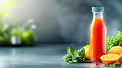 Refreshing Detox Juice on Kitchen Counter with Leafy Greens and Citrus Fruits, Watercolor Styled Scene with Copy Space