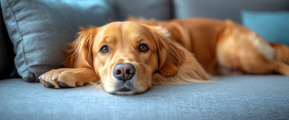 Wall Mural - Golden Retriever Dog Relaxing on a Couch