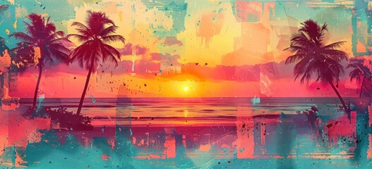 Wall Mural - Sunset on the Beach with Palm Trees