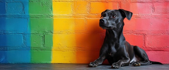 Black Dog Against Colorful Brick Wall