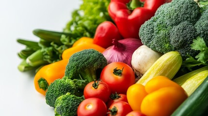 A colorful assortment of fresh vegetables, including broccoli, tomatoes, peppers, onions, cucumbers, and more, beautifully arranged on a white background. This image evokes feelings of health, freshne