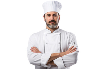 A confident chef standing with arms crossed, wearing a white jacket and chef's hat, ready to prepare a meal isolated on white background