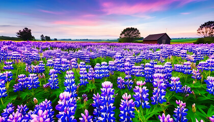 Tranquil beauty of purple flower fields and vast countryside