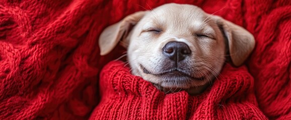 Wall Mural - Sleeping Puppy in Red Knit Blanket