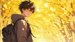 © AI Story - portrait of a handsome anime guy with striking black hair, standing in a bright autumn park