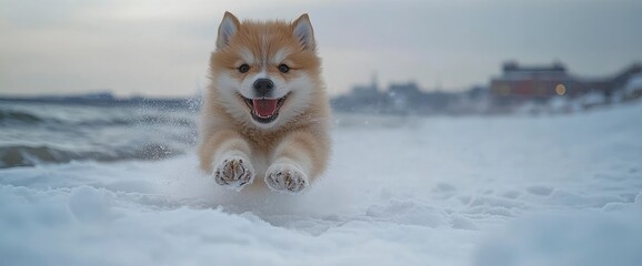 Wall Mural - Joyful Puppy Running Through Snow