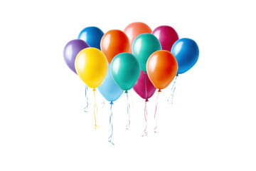 A cluster of colorful party balloons with curling ribbons hanging down, creating a festive atmosphere isolated on white background