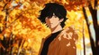 © kkkiim graphic - portrait of a handsome anime guy with striking black hair, standing in a bright autumn park