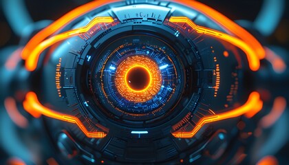 Wall Mural - Futuristic Cybernetic Eye Glowing with Orange and Blue Lights Showcasing Advanced Biotechnology