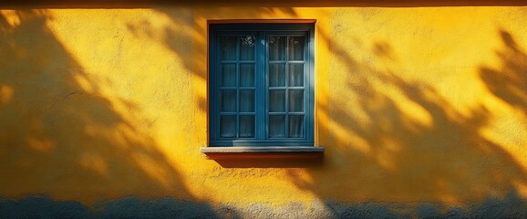 Wall Mural - Sunlit Window on Yellow Wall with Tree Shadows