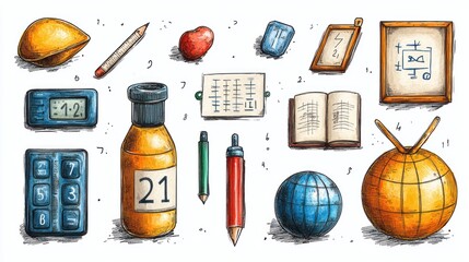 Hand Drawn Illustration of School Supplies and Objects