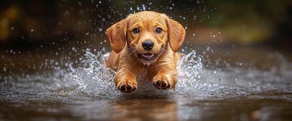 Wall Mural - Golden Retriever Puppy Splashing in Water