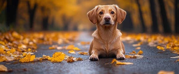 Poster - Dog Sitting on Path in Autumn Leaves