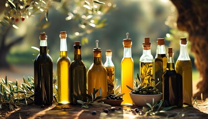 Wall Mural - Rustic still life of sunlit olives and olive oil bottles, embodying the warmth and charm of a countryside harvest