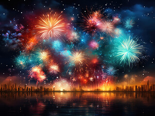 Firework animation realistic background with celebration and holiday symbols