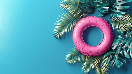 Sticker - Pink Inflatable Ring Surrounded by Tropical Leaves on a Turquoise Background