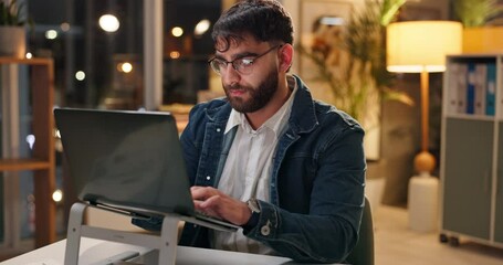 Poster - Man, laptop and typing at night in office with ideas, planning and plot development for movie script. Person, screenwriter and thinking by pc for proposal, story or project at film production company