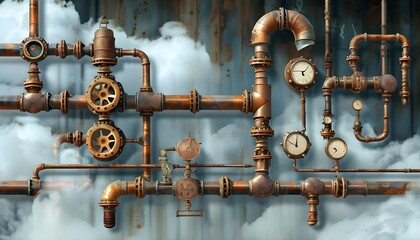 Wall Mural - Steampunk-inspired industrial scene with entwined pipes and steam clouds, evoking the essence of historical manufacturing processes