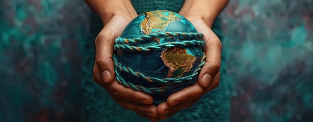 Close-up of hands holding Earth globe wrapped with rope, symbolizing environmental protection and global responsibility.