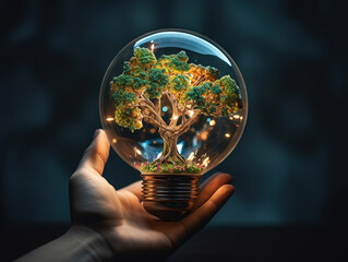 Sustainable energy campaign hand with earth in glass bulb. Graphics design