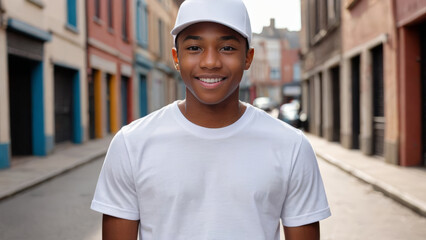 Wall Mural - Black teenage boy wearing white t-shirt and white baseball cap standing on the street