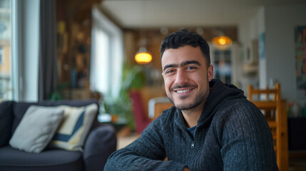  Young man smiling, cozy indoor setting, casual attire.