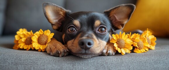 Wall Mural - Cute Puppy Dog With Sunflowers on Couch